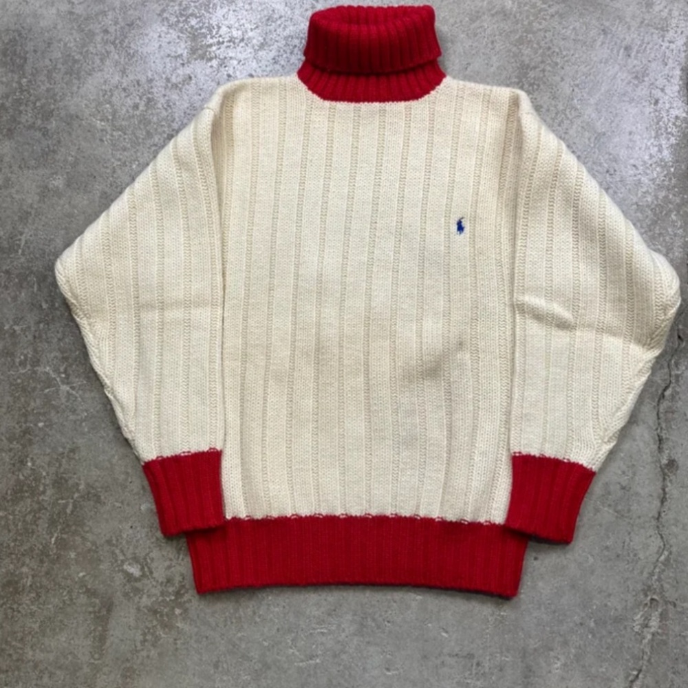Vintage Ralph Lauren Blue Label All Wool Cream Red Turtleneck Sweater Size Large
